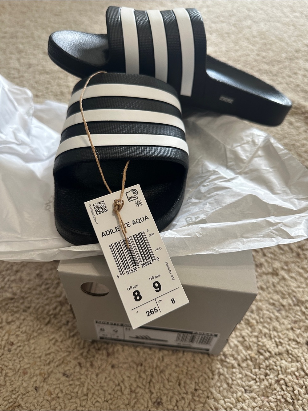 adidas Black and White Striped Adilette Aqua Slide Sandals